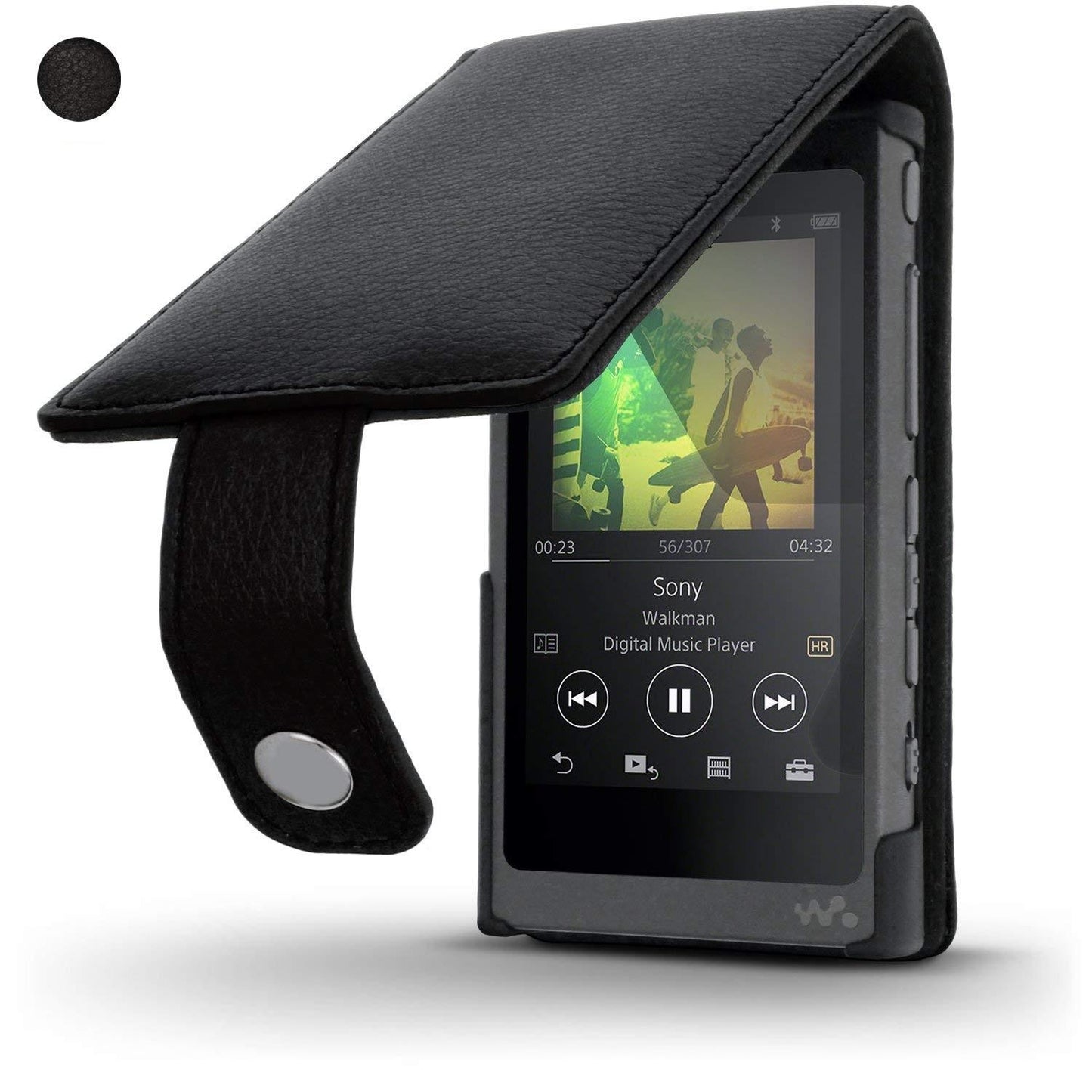 iGadgitz Black Leather Flip Case Cover for Sony Walkman NW-A35 NW-A40 MP3 Player with Magnetic Closure + Screen Protector (Black)