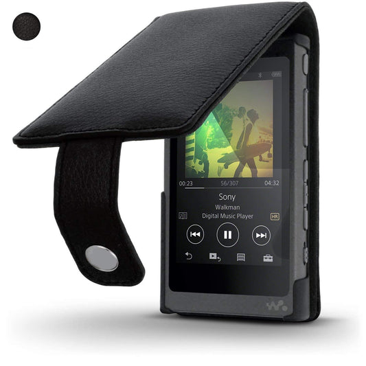iGadgitz Black Leather Flip Case Cover for Sony Walkman NW-A35 NW-A40 MP3 Player with Magnetic Closure + Screen Protector (Black)