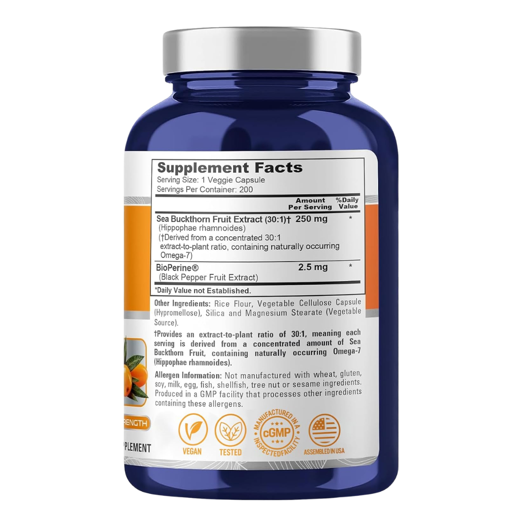 NusaPure Sea Buckthorn (Omega-7) 250 mg with Bioperine, 200 Capsules