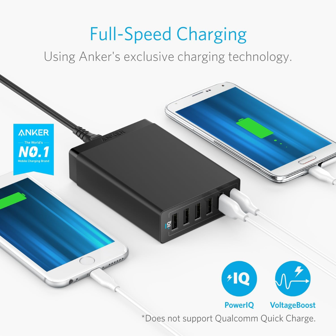 Anker 6 Port USB Wall Charger 60W Charging Station Multi USB Charger, Black
