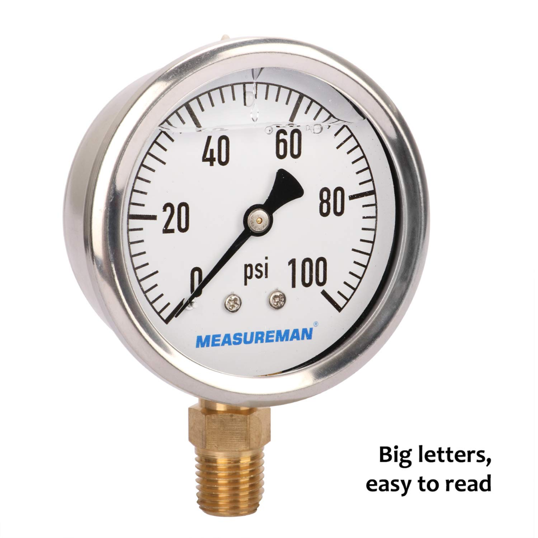 MEASUREMAN Glycerin Filled Plumbing Pressure Gauge Stainless Steel Case 0-100 PSI 2-1/2"