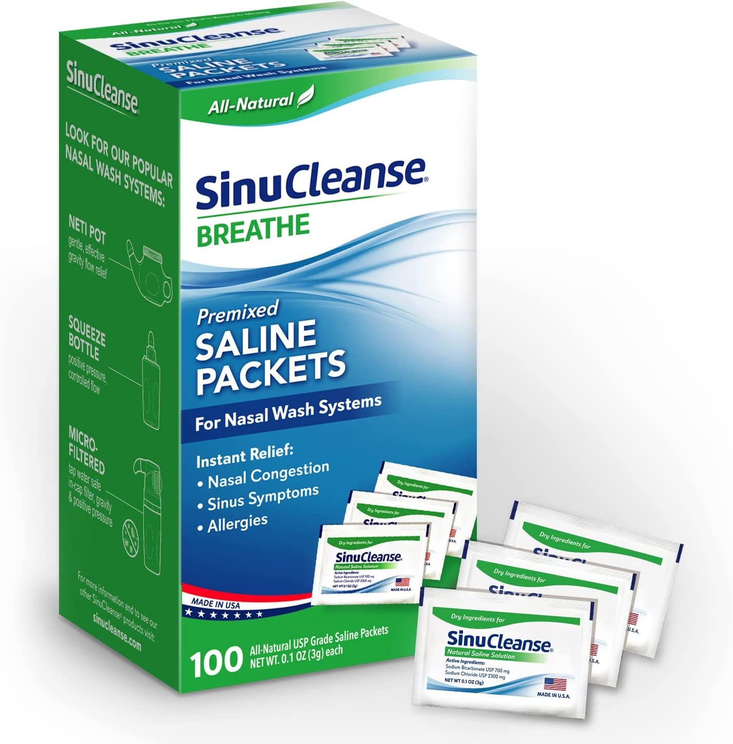 All-Natural SinuCleanse Breathe Premixed Saline Packets For Nasal Wash Systems 100 Packets