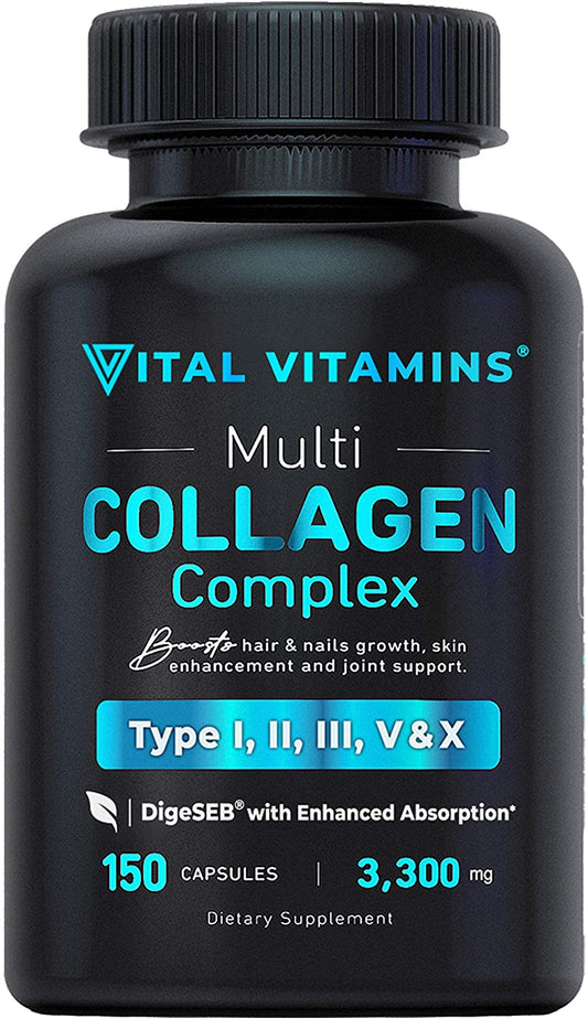 Vital Vitamins Multi Collagen Complex Type I, II, III, V, X, 3,300mg Per Serving, 150 Capsules