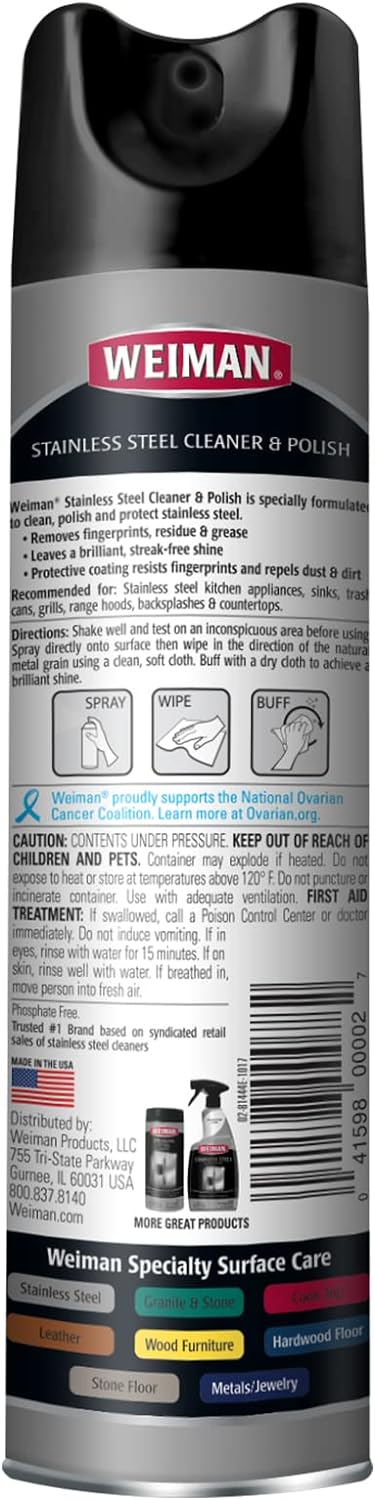 Weiman Stainless Steel Cleaner and Polish Fights Fingerprints, Aerosol, 17 fl oz / 482g