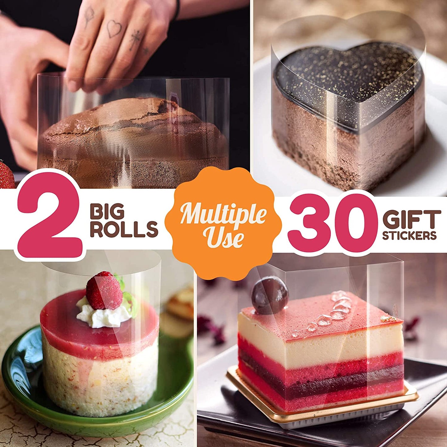Baker Auntie 2 Pack Cake Collar Rolls 10 cm x 8.5 cm Clear Acetate Sheets for Baking, 30 Gift Stickers 17 Meters