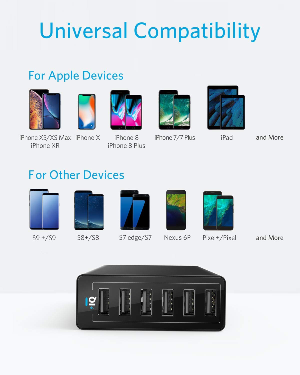 6 Port USB Wall Charger 60W Charging Station, Multi USB Charger, Black