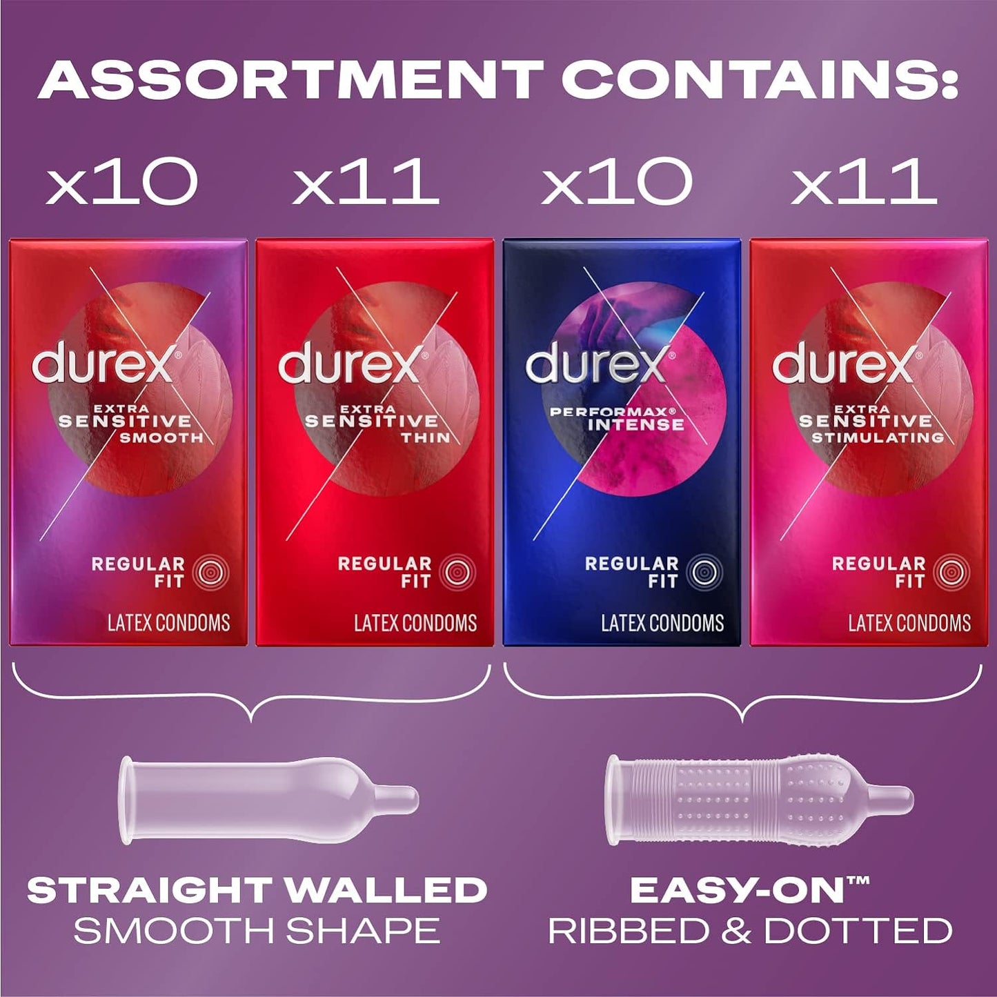 Durex Pleasure Pack Regular Fit 5x Tested Reliability, Durability (42 Latex Condoms)