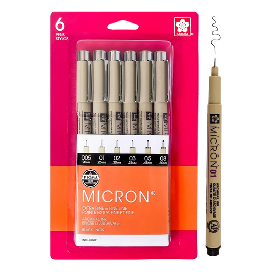 SAKURA Pigma Micron Fineliner Pens Assorted Point Sizes (6 Pens Stylos)