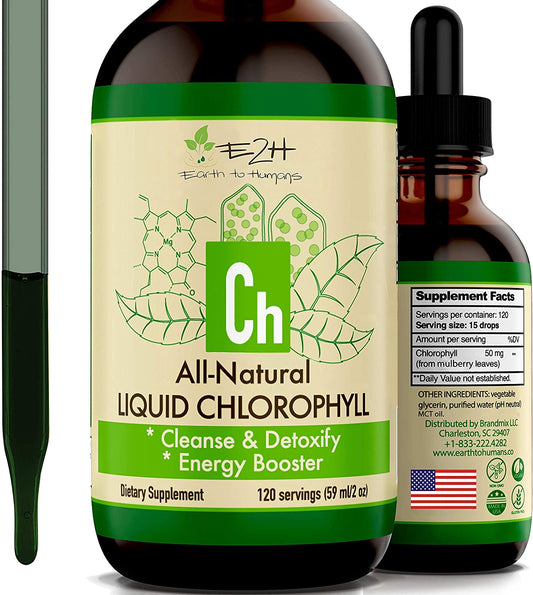 E2H EARTH TO HUMANS 100% All Natural Liquid Chlorophyll Drops, Energy, Digestion & Immune Booster, 120 Servings 59ml / 2 oz.