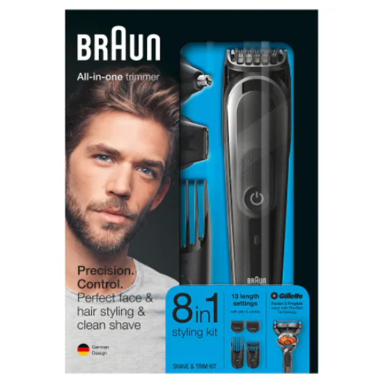 Braun MGK3060 8-in-1 All-in-One Beard Trimmer for Men, Cordless Hair Clipper, Black/Grey, with 6 Attachments and Gillette ProGlide Razor