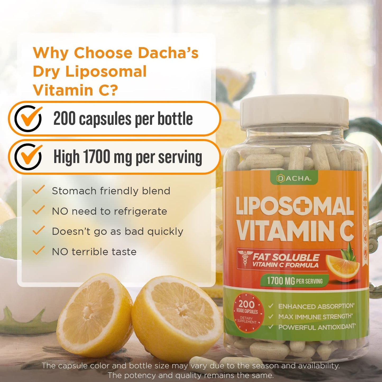 Dacha Natural Liposomal Vitamin C - 1700 mg Max Immune Strength Powerful Antioxidant 200 Capsules