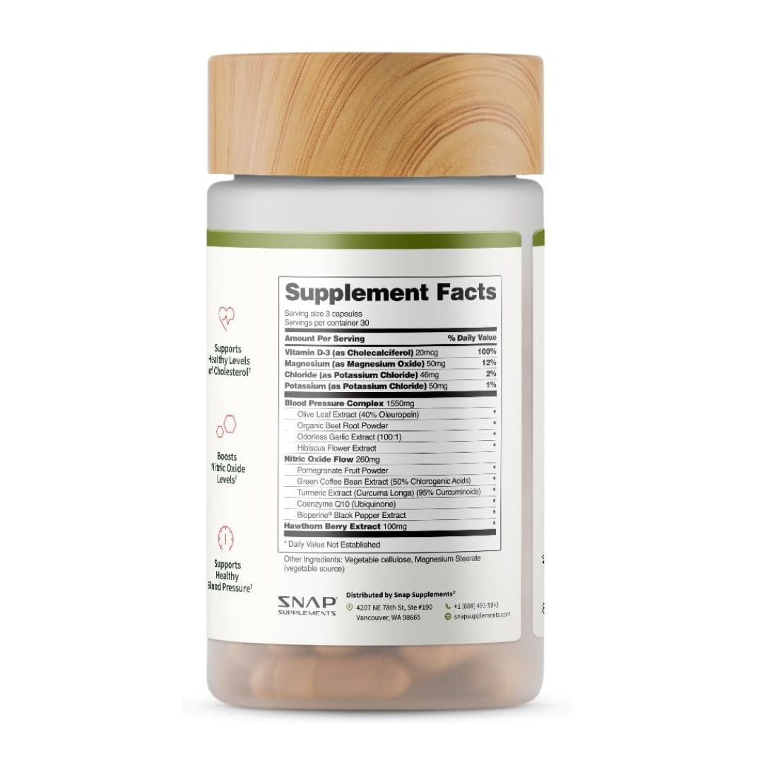 SNAP Heart Health Blood Pressure Support, 1550mg Blood Pressure Complex, 260mg Nitric Oxide, 100mg Hawthorn Berry Extract, 90 Capsules