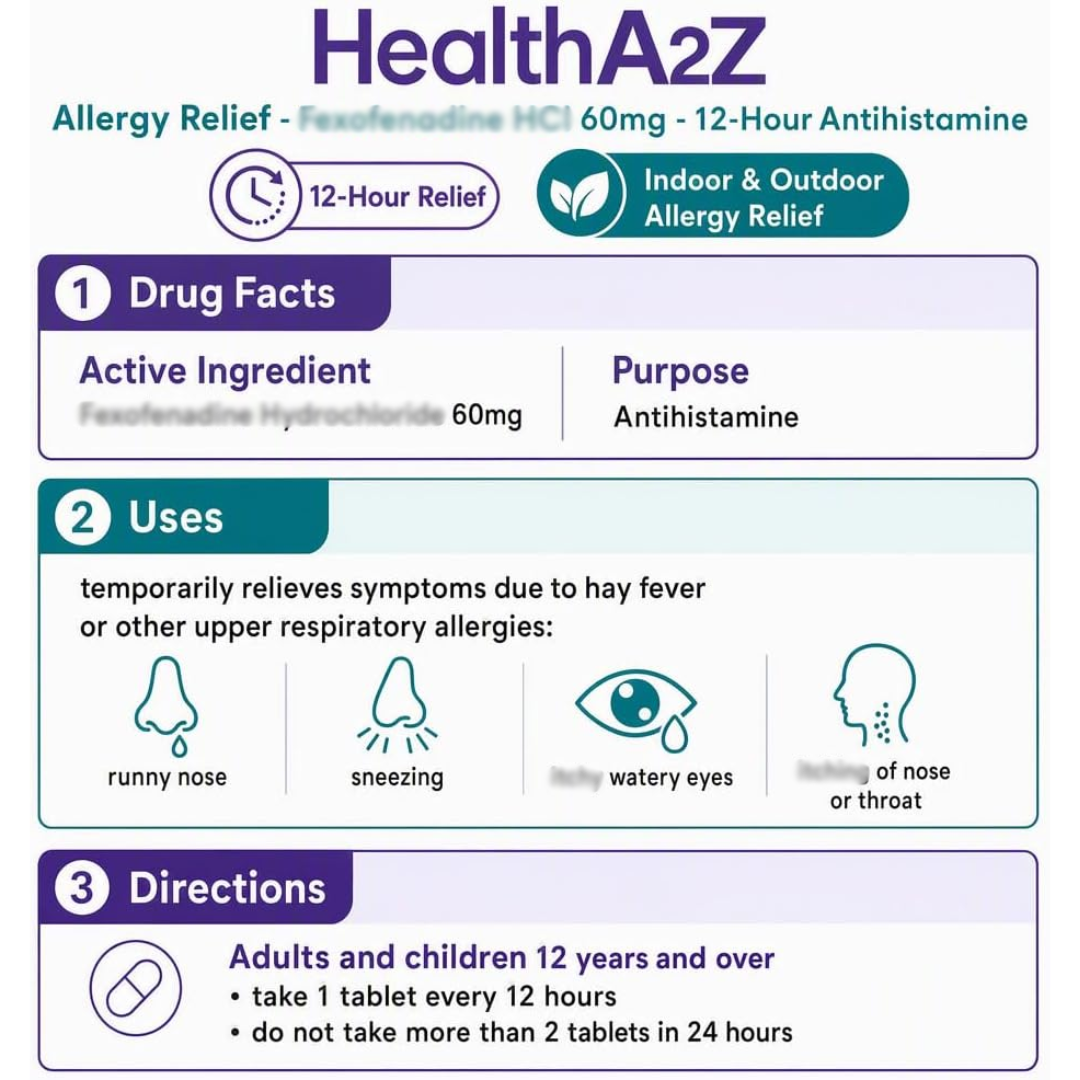 HealthA2Z Non - Drowsy Allergy Relief 12-hr 60 mg, 120 Caplets
