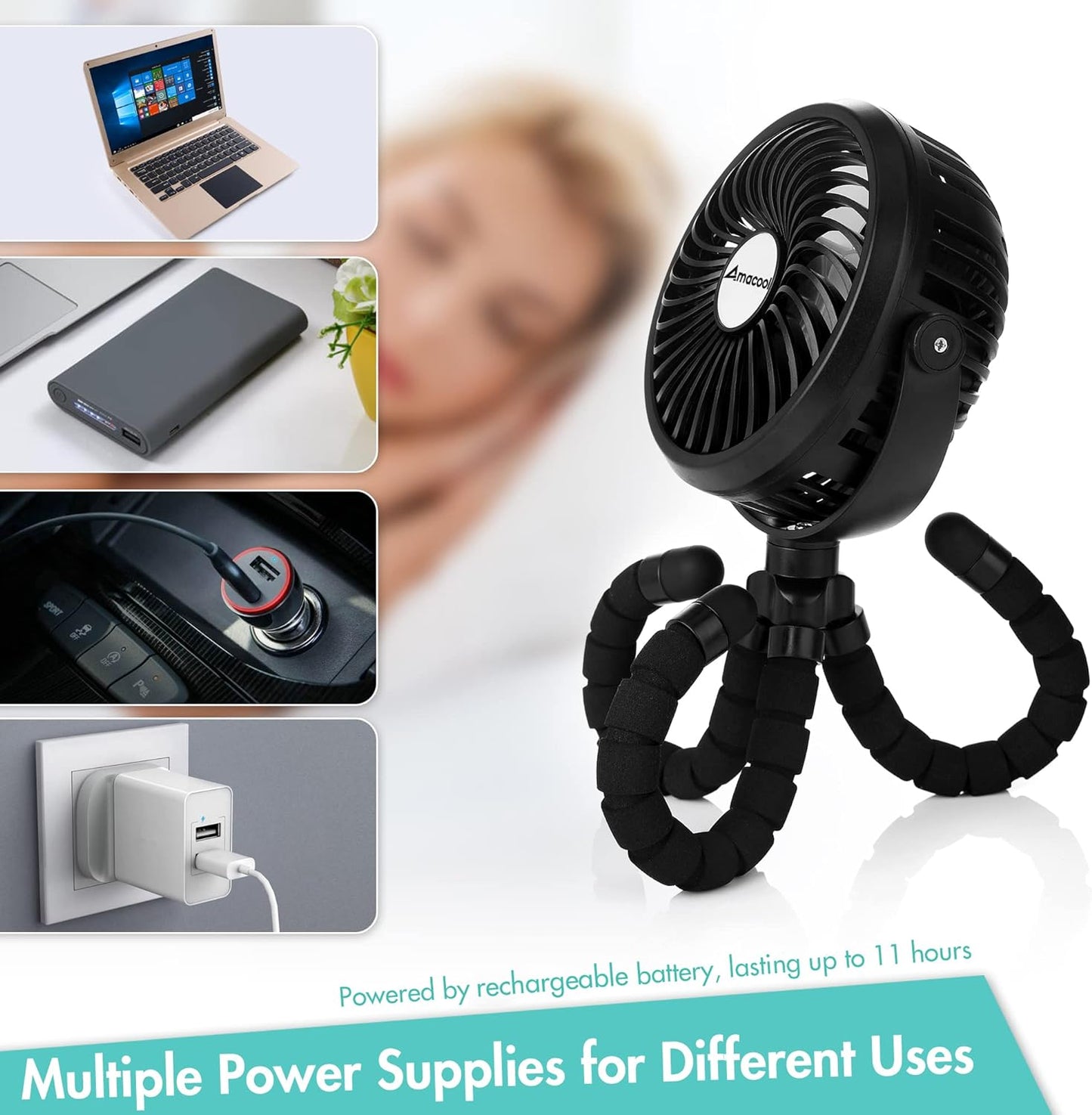 Amacool Battery Operated Stroller Fan Flexible Tripod Clip On Fan (Black)