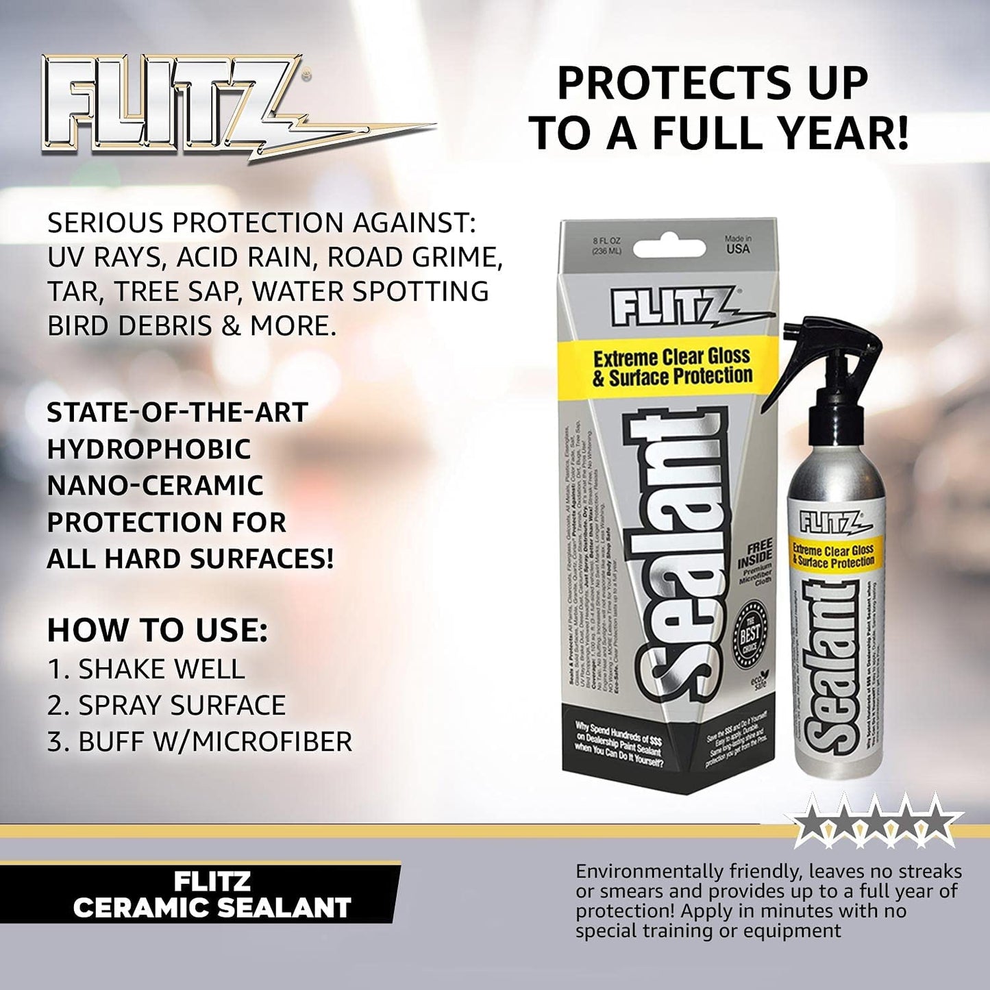 Flitz Ceramic Spray Sealant and Paint Protectant: Shine, Protect + Seal Clear Coat, Plastic, 8 Fl Oz