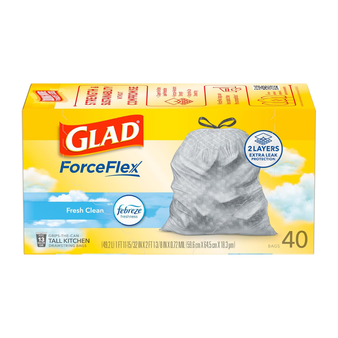 GLAD ForceFlex Tall Kitchen Trash Drawstring Bags, 40 Pcs Bag