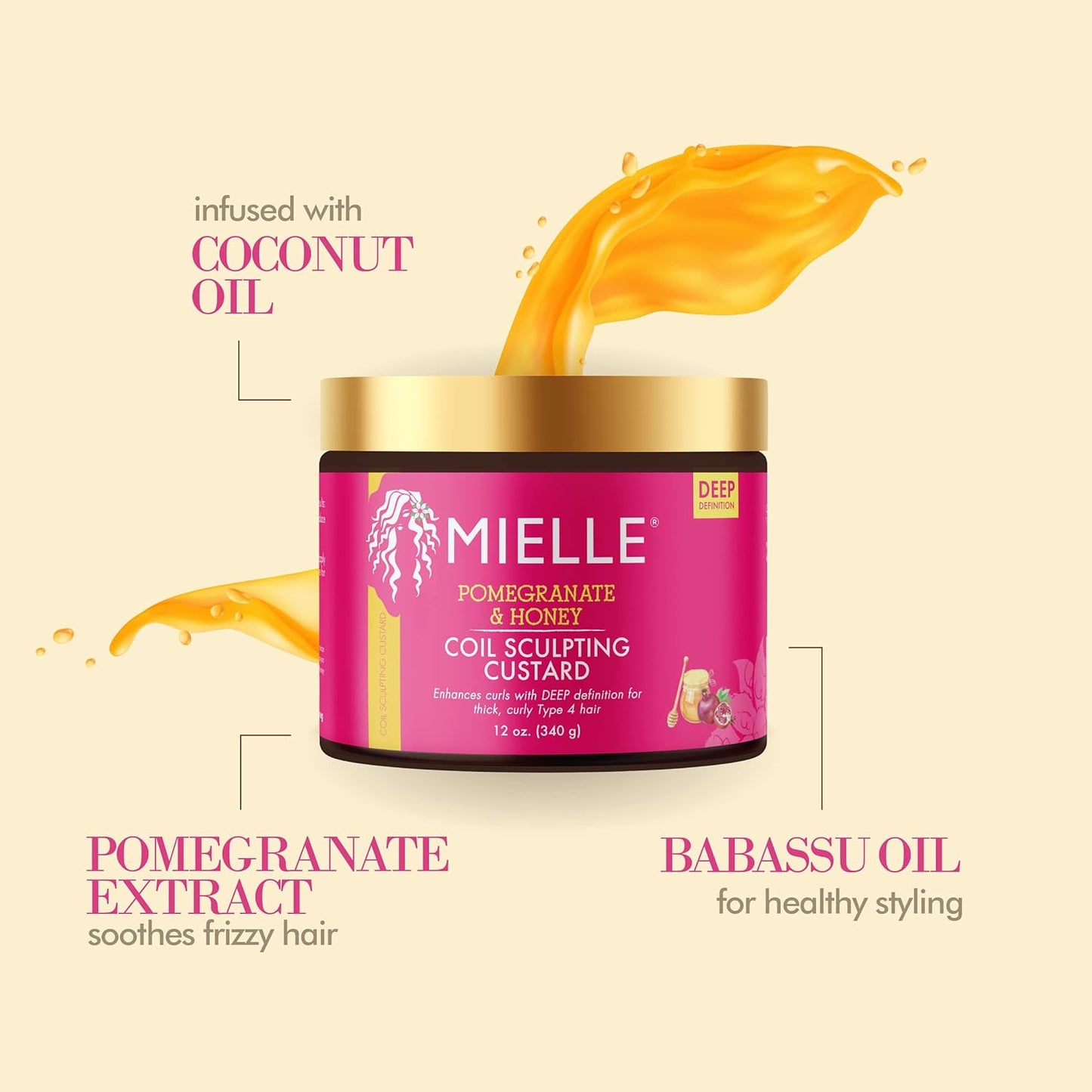 Mielle Pomegranate & Honey Coil Sculpting Custard Enhances Curl Hair 12 oz / 340g