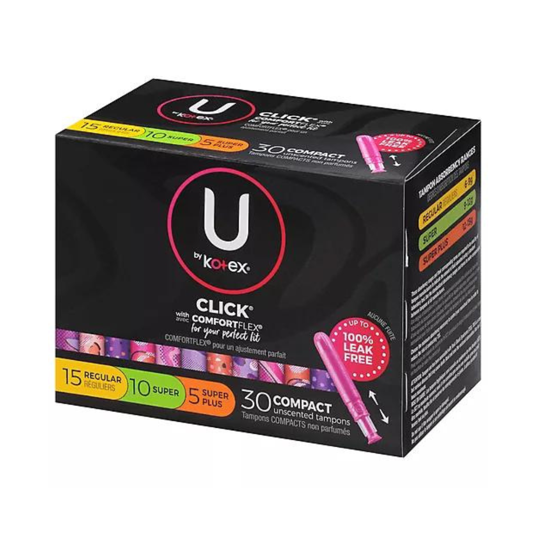 U by Kotex Click with Comfort Flex 30 Compact Unscented Tampons (15 Regular, 10 Super, 5 Super Plus)