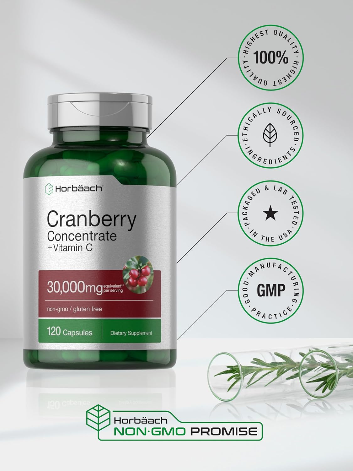 Horbaach Cranberry Concentrate + Vitamin C 30,000mg Supplement 120 Capsules
