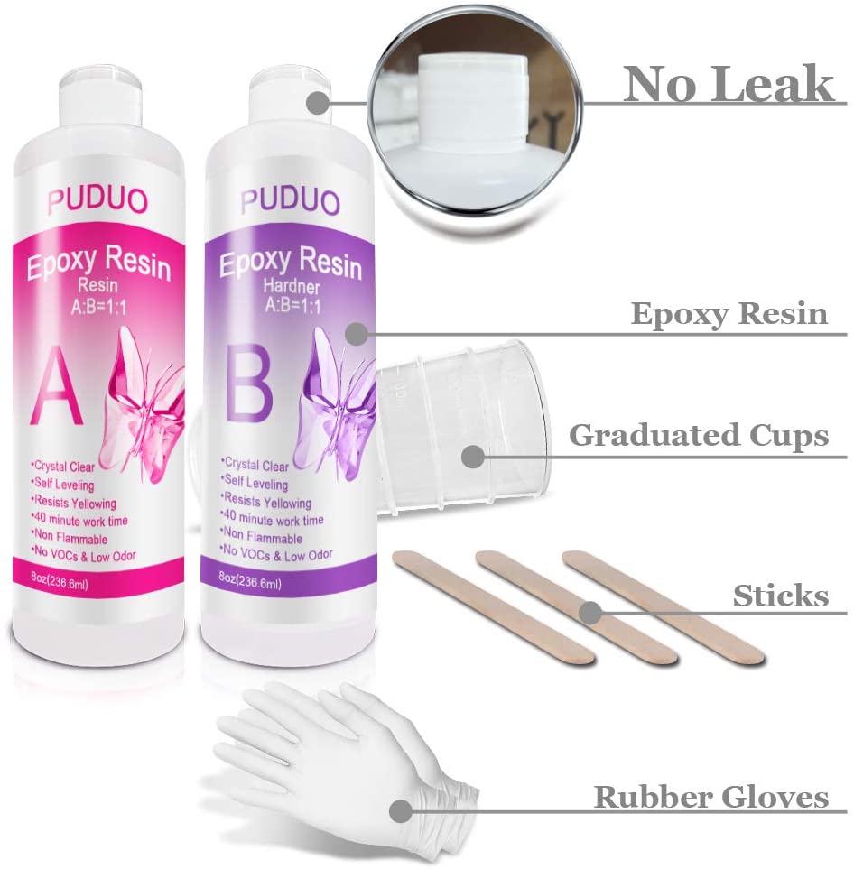 PUDUO Epoxy Resin Crystal Clear Kit, 236.6 ml, 4 pcs Graduated Cups, 3pcs Sticks, 1 Pair Gloves