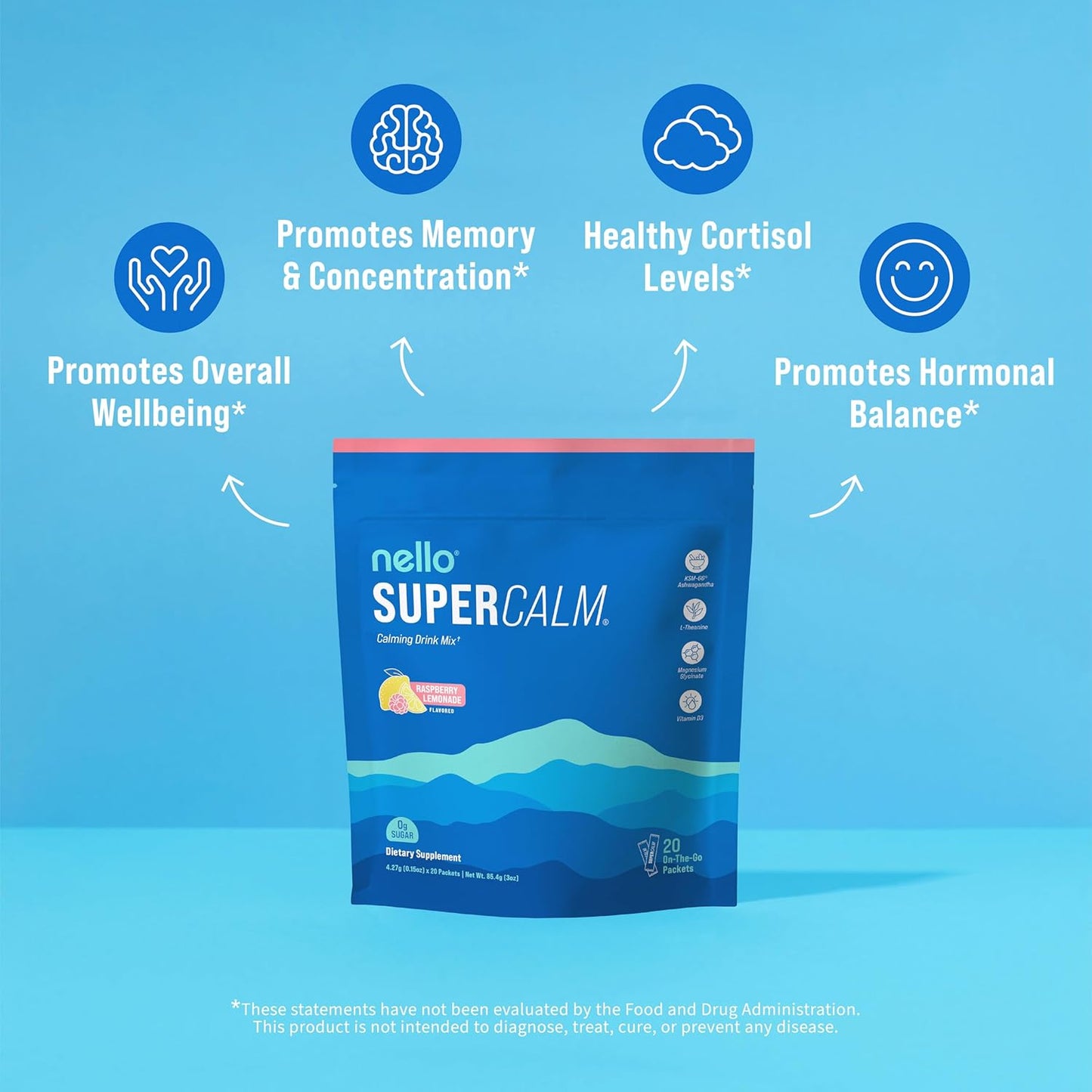 Nello Supercalm Raspberry Lemonade Flavored Calming Drink Mix Dietary Supplement, 20 Packets 4.27 g / .15 oz
