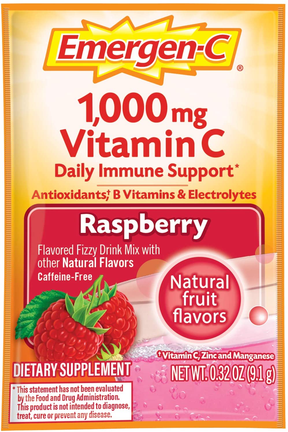 Emergen-C 1000mg Vitamin C Powder Daily Immune Support | Raspberry Flavor - 30 Count