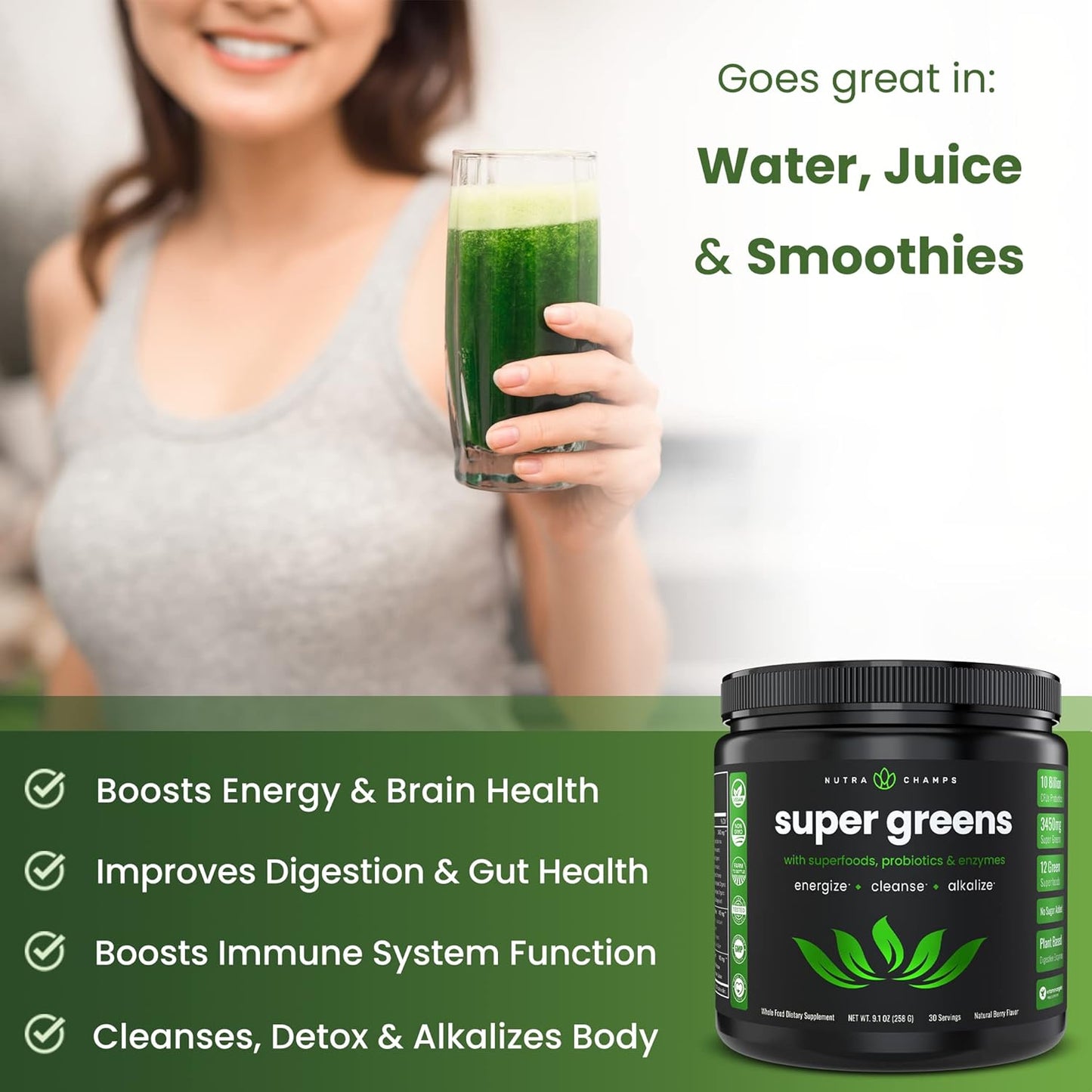 Nutra Champs Super Greens Natural Berry Flavor Supplement 9.10oz / 258g