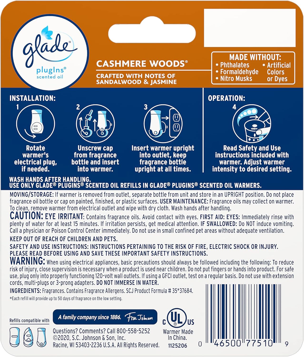 Glade PlugIns Scented Oil Cashmere Woods 1 Warmer 1 Refill, 120V, (19.8 ml / 0.67 oz)