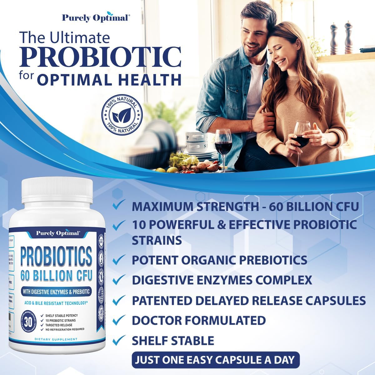 Purely Optimal Probiotics 60 Billion CFU with Digestive Enzymes Prebiotic 30 Capsules