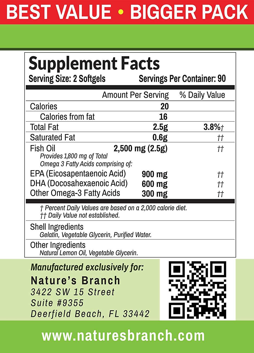Natures Branch Fish Oil Omega-3 Triple Strength, Lemon Flavor 180 Softgels