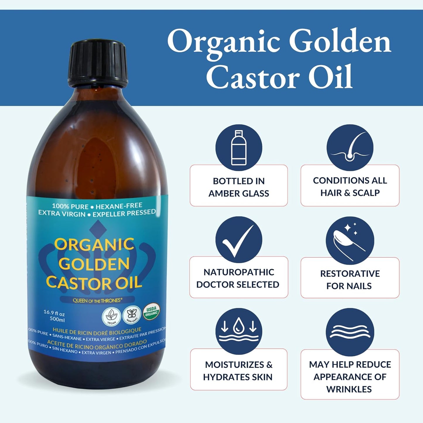 Queen Of The Thrones Organic Golden Castor Oil 16.9 fL oz / 500 mL