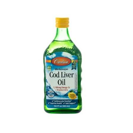 Carlson Wild Norwegian Cod Liver Oil 1100mg Omega 3 Vitamin A & D3, Lemon Flavor 16.9 fl oz / 500 mL