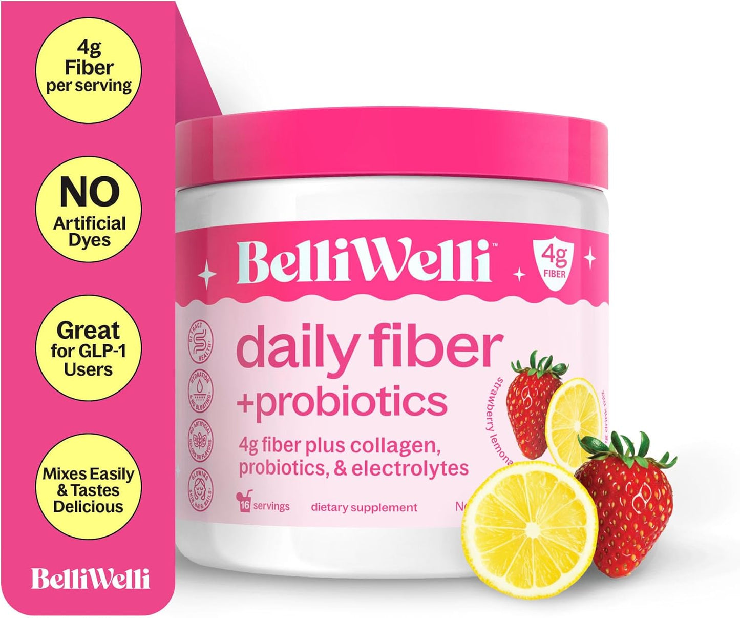 Belliwelli Daily Fiber + Probiotics 4g Fiber Plus Collage Probiotics, & Electrolytes, 181 g / 6.4 oz