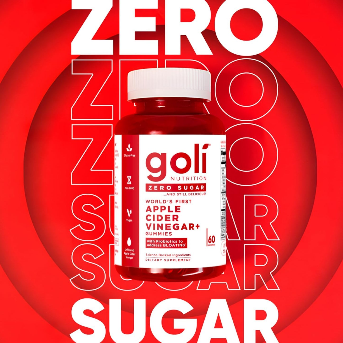 Goli Nutrition Zero Sugar World's First Apple Cider Vinegar Gummies, 60 Gummies