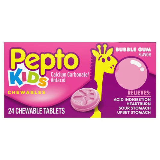 Pepto Kids Chewables Calcium Carbonate/Antacid Bubble Gum Flavor, 24 Chewable Tablets