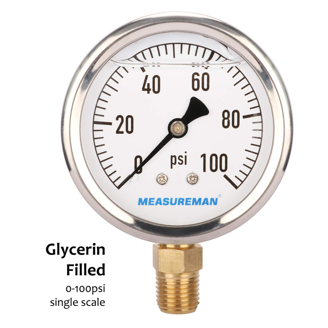 MEASUREMAN Glycerin Filled Plumbing Pressure Gauge Stainless Steel Case 0-100 PSI 2-1/2"