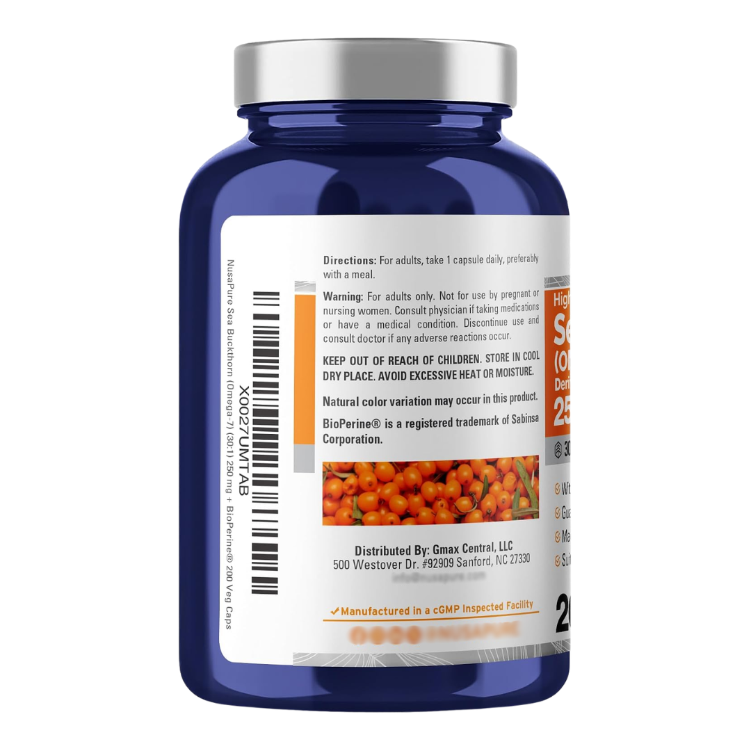 NusaPure Sea Buckthorn (Omega-7) 250 mg with Bioperine, 200 Capsules