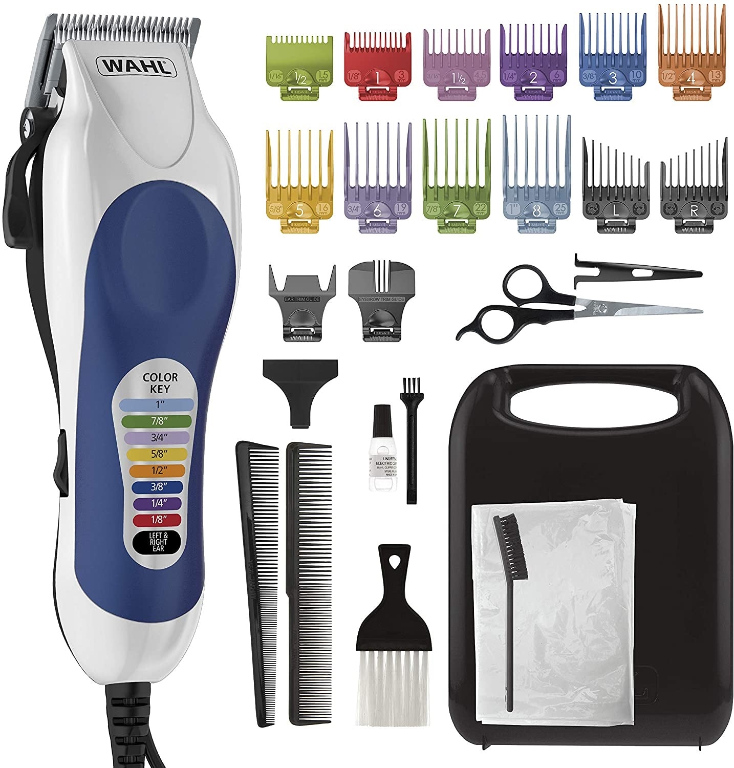 Wahl Color Pro Complete Hair Cutting Kit with Colored Guide Combs Model 79300-1001, 26 Pieces, 110V