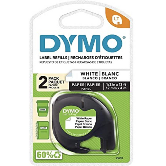 Dymo LetraTag Label Refills 1/2" x 13ft White Paper Tape 2Pack (10697)