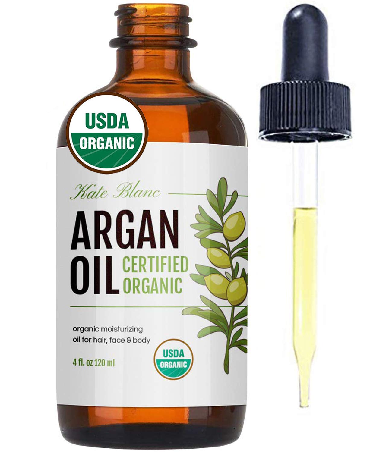 Kate Blanc Moroccan Argan Oil, USDA Certified Organic, Virgin, 100% Pure, Cold Pressed, 4 oz