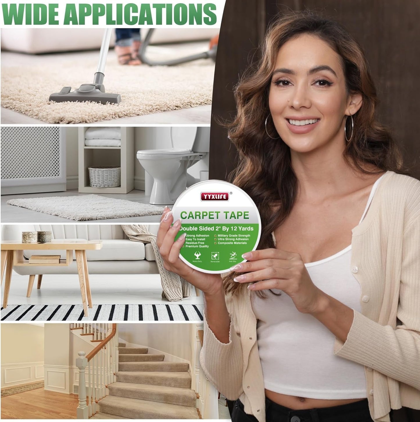 YYXLIFE Double Sided Carpet Tape for Hardwood Floors, Heavy Duty Sticky Tape ( White )