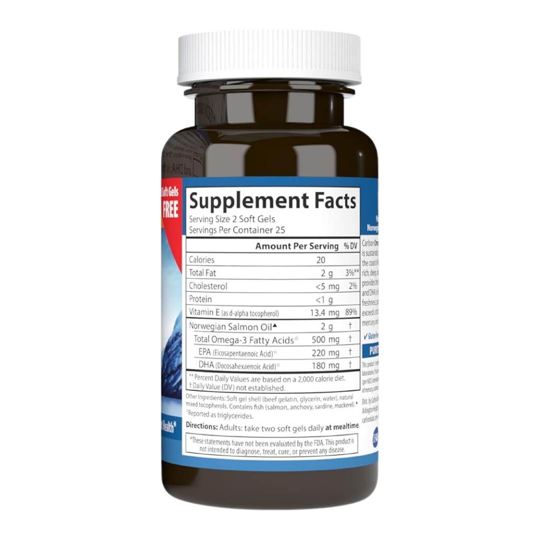 Carlson Norwegian Salmon Oil 500 mg 50 Softgels Omega 3, Brain, Heart & Joint Health
