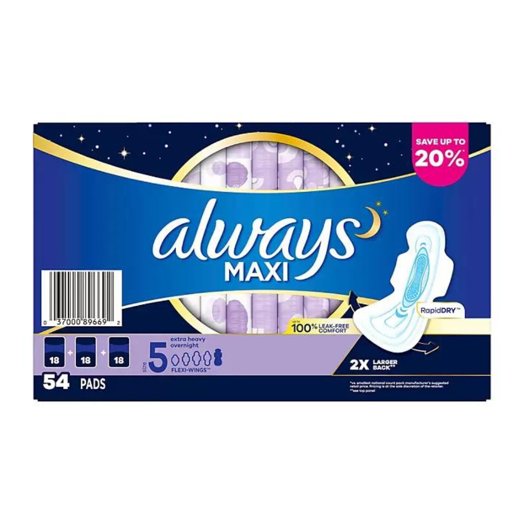 Always Maxi Extra Heavy Overnight Pads with Flex-Wings Size 5 (54 Pads)