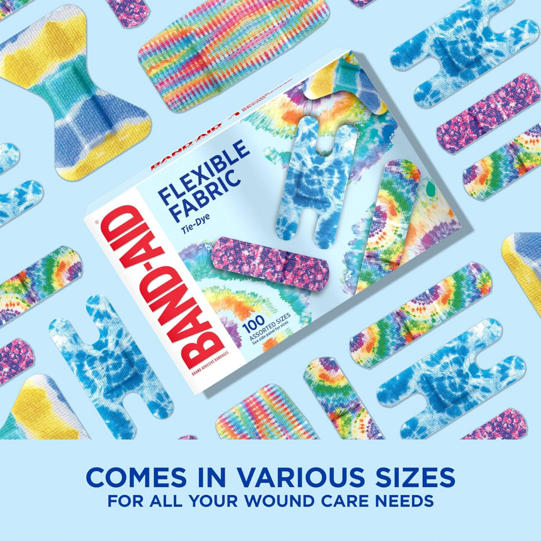 Band-Aid Flexible Fabric Tie-Dye Adhesive Bandages, 100 Assorted Sizes