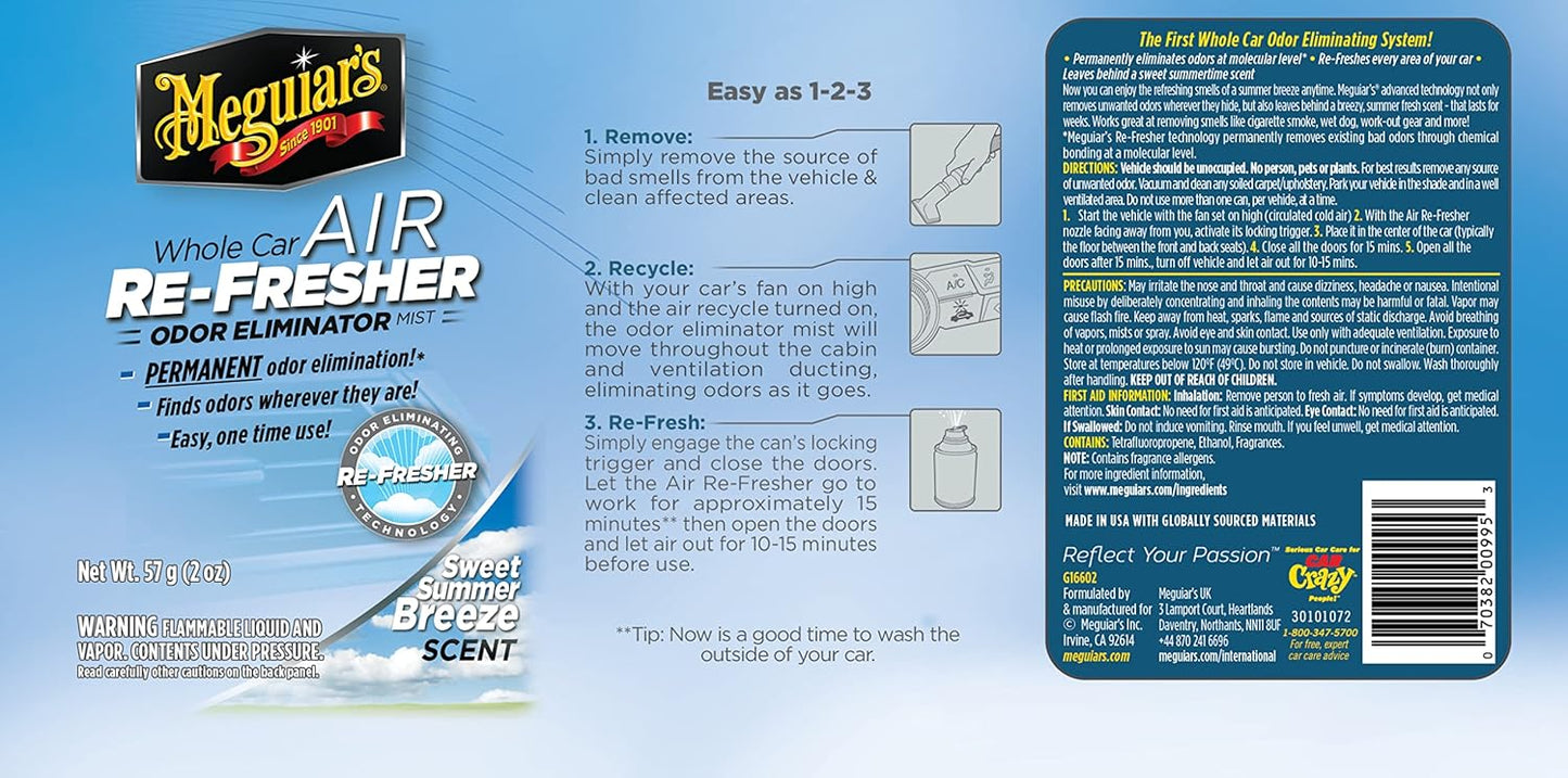 Meguiars Air Refresher Odor Eliminator Spray, Sweet Summer Breeze Scent, 57g / 2 oz