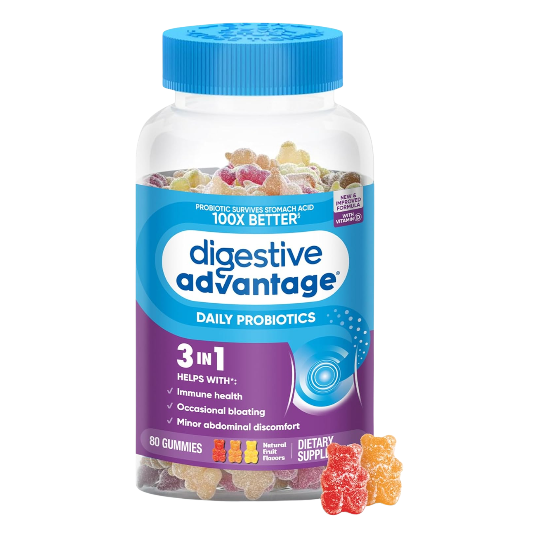 Schiff Digestive Advantage Daily Probiotics 3in1 Natural Fruit Flavors, 80 Gummies