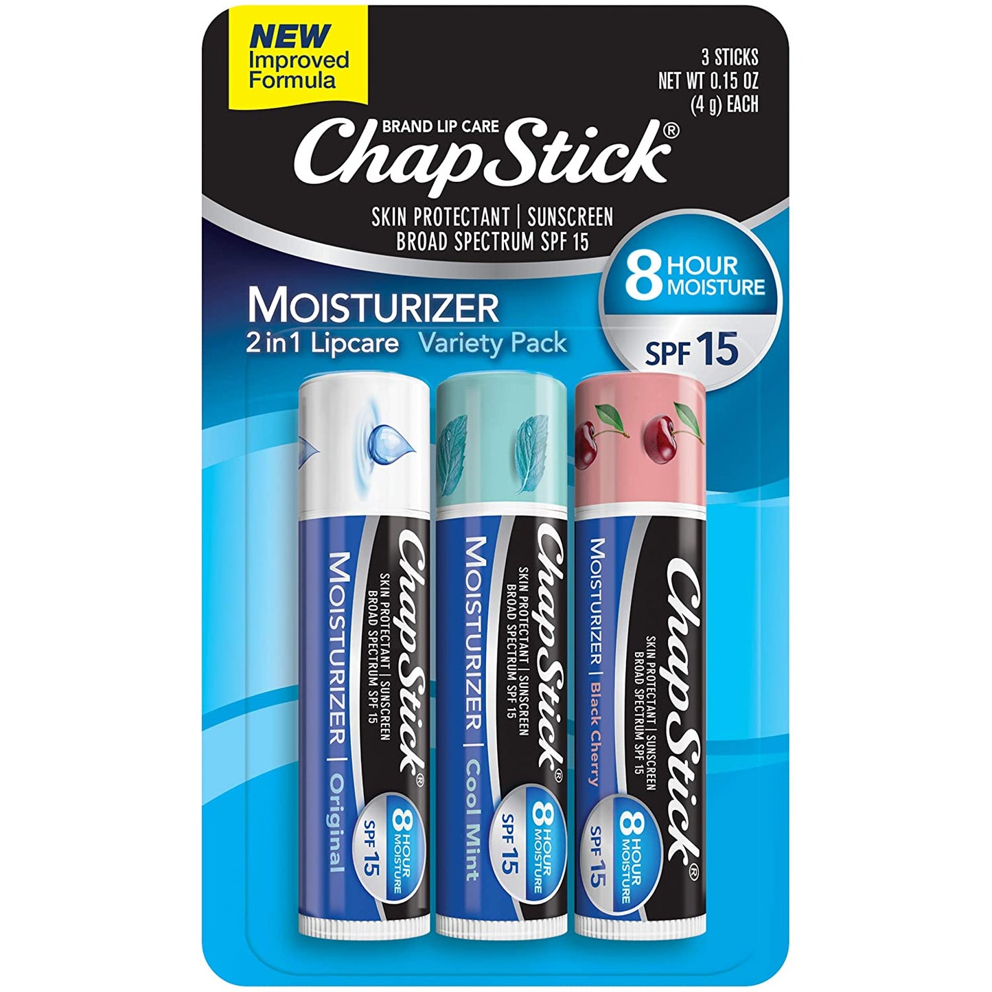 ChapStick Lip Moisturizer (Original, Cool Mint & Black Cherry Flavors, 0.15 Ounce, 3 Sticks) and Skin Protectant Lip Balm Tube, Sunscreen, SPF 15