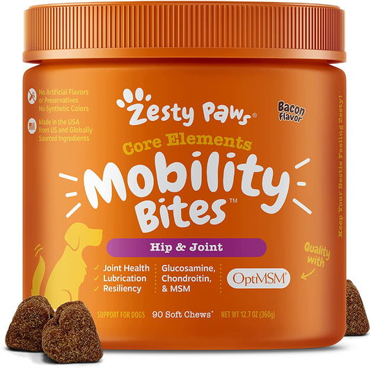 Zesty Paws Mobility Bites Glucosamine with Chondroitin & MSM Hip & Joint Health for Dogs, Bacon Flavor - 90 Soft Chews