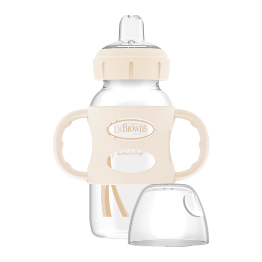 Dr. Brown's Milestones Wide-Neck Sippy Spout Bottle with Silicone Handles 6m+ Ecru, 9 oz / 270 mL