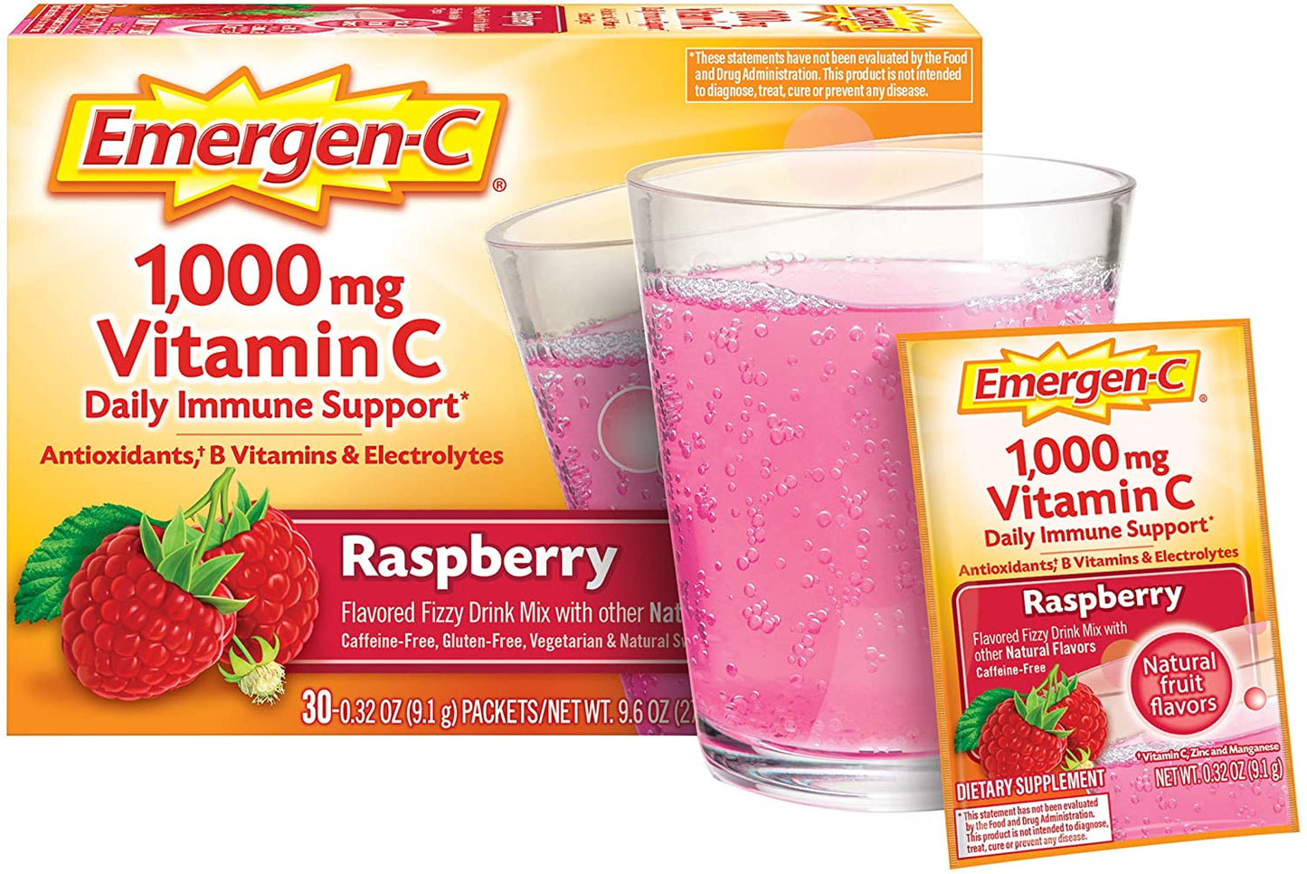 Emergen-C 1000mg Vitamin C Powder Daily Immune Support | Raspberry Flavor - 30 Count